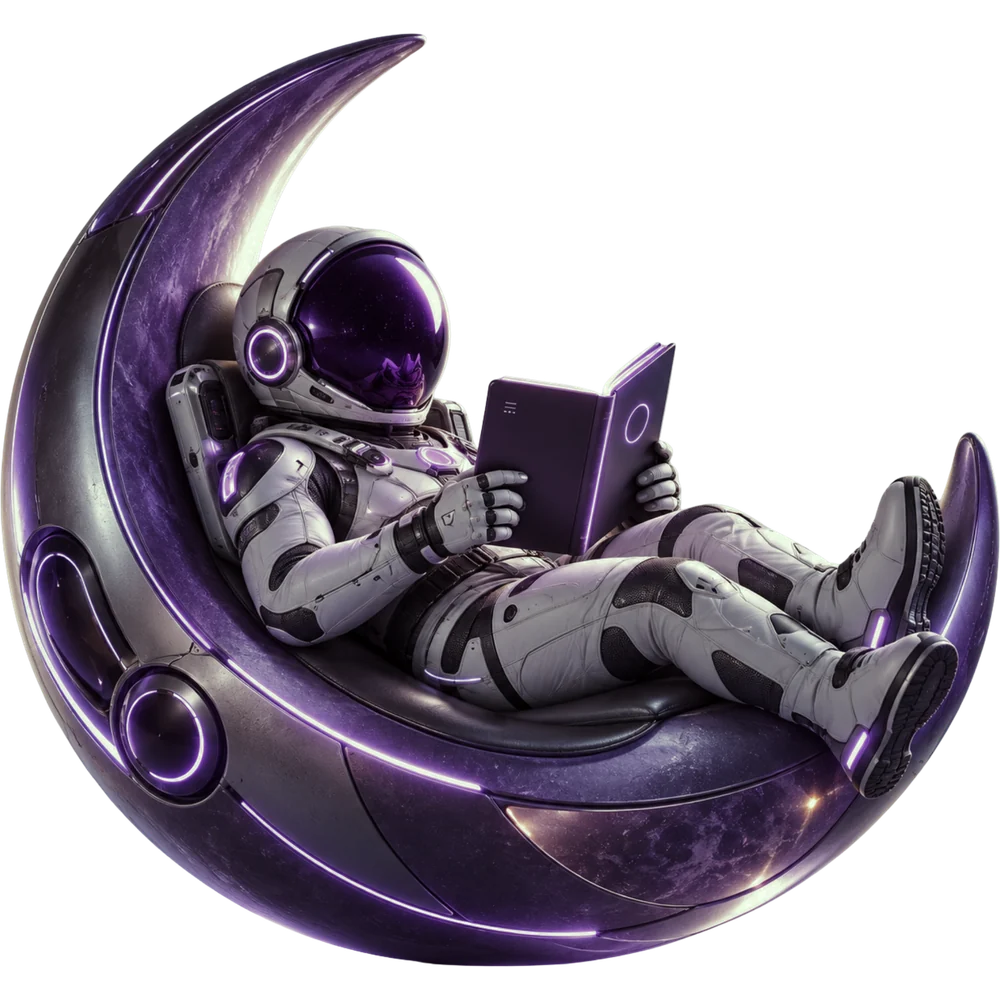 An astronaut reading on a crescent moon — drag to spin it